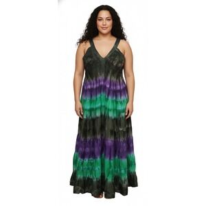 Braja Tie Dye Sundress Maxi Dress Green Purple Free Size (M/L)100% Cotton India
